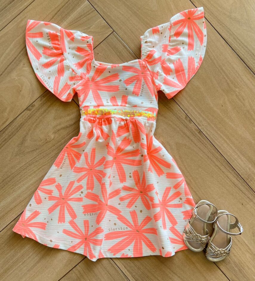 Vestido Infantil Feminino Flor Rosa Neon Fernanda Ramos Kids