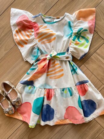 Vestido Infantil Feminino Manga Curta com Amarração Estampado Fernanda Ramos Kids