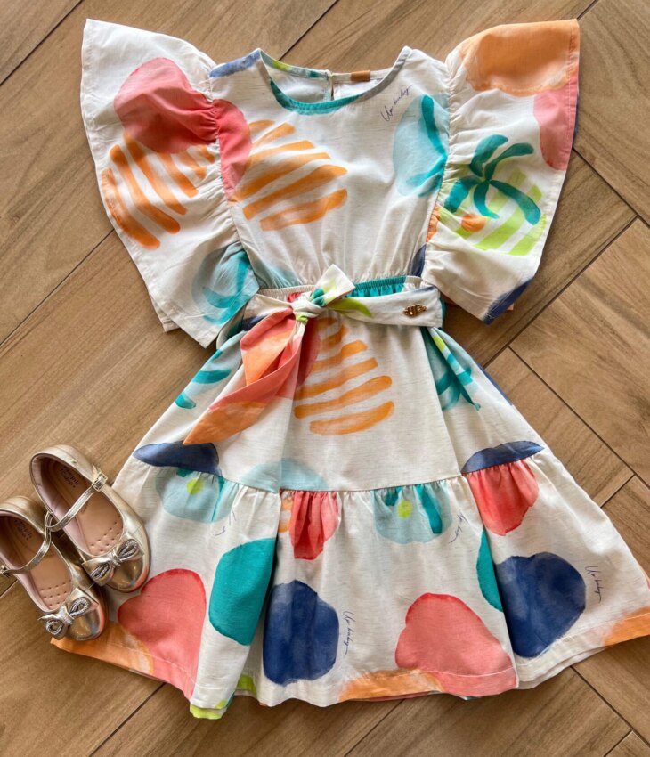 Vestido Infantil Feminino Manga Curta com Amarração Estampado Fernanda Ramos Kids