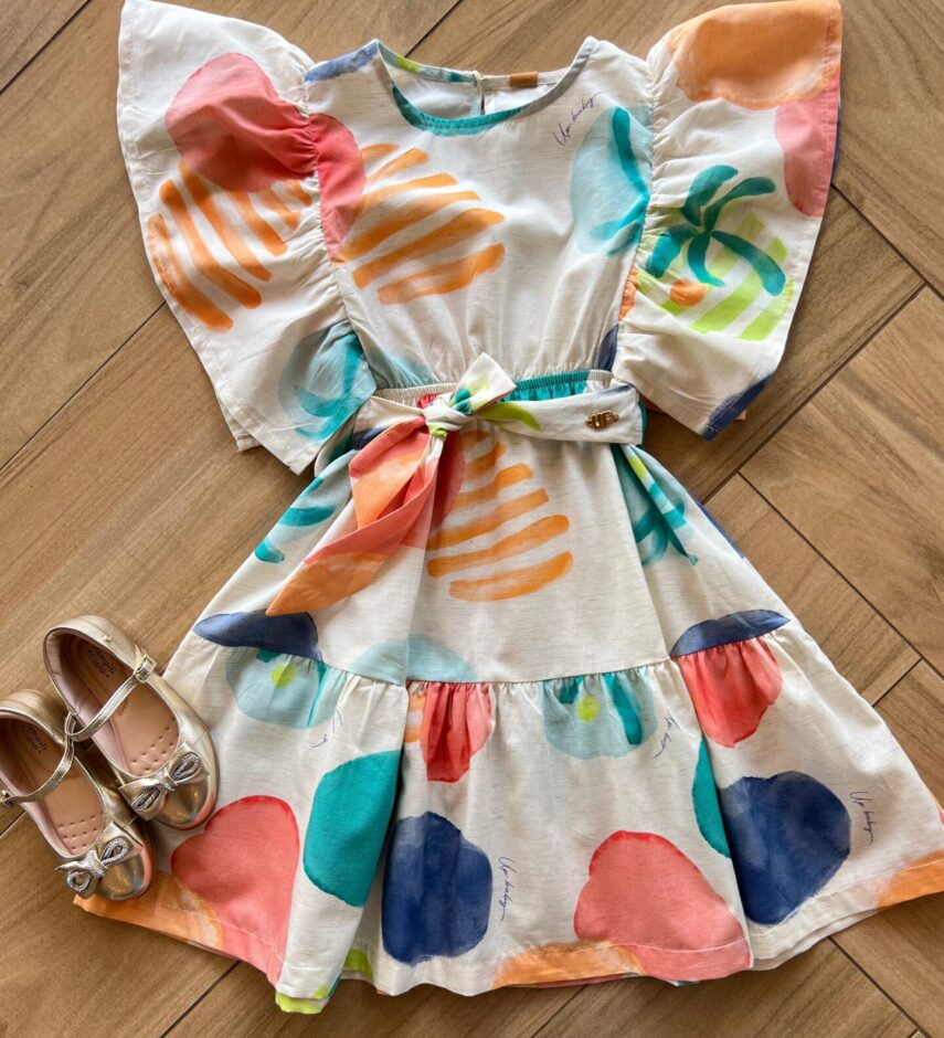 Vestido Infantil Feminino Manga Curta com Amarração Estampado Fernanda Ramos Kids