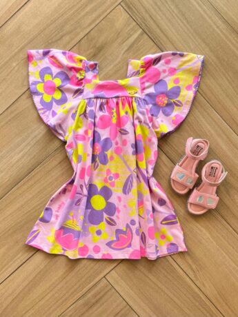 Vestido Infantil Feminino Manga Curta em Cotton Estampado Fernanda Ramos Kids