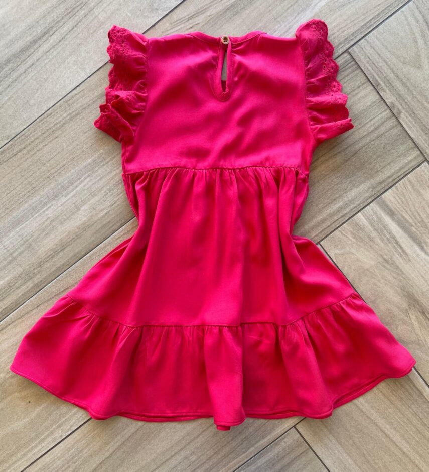 Vestido Infantil Feminino Manga Curta em Laise e Bordado Vermelho