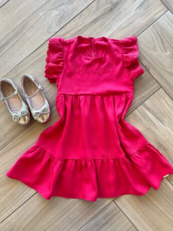 Vestido Infantil Feminino Manga Curta em Laise e Bordado Vermelho Fernanda Ramos Kids