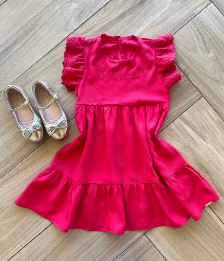 Vestido Infantil Feminino Manga Curta em Laise e Bordado Vermelho Fernanda Ramos Kids
