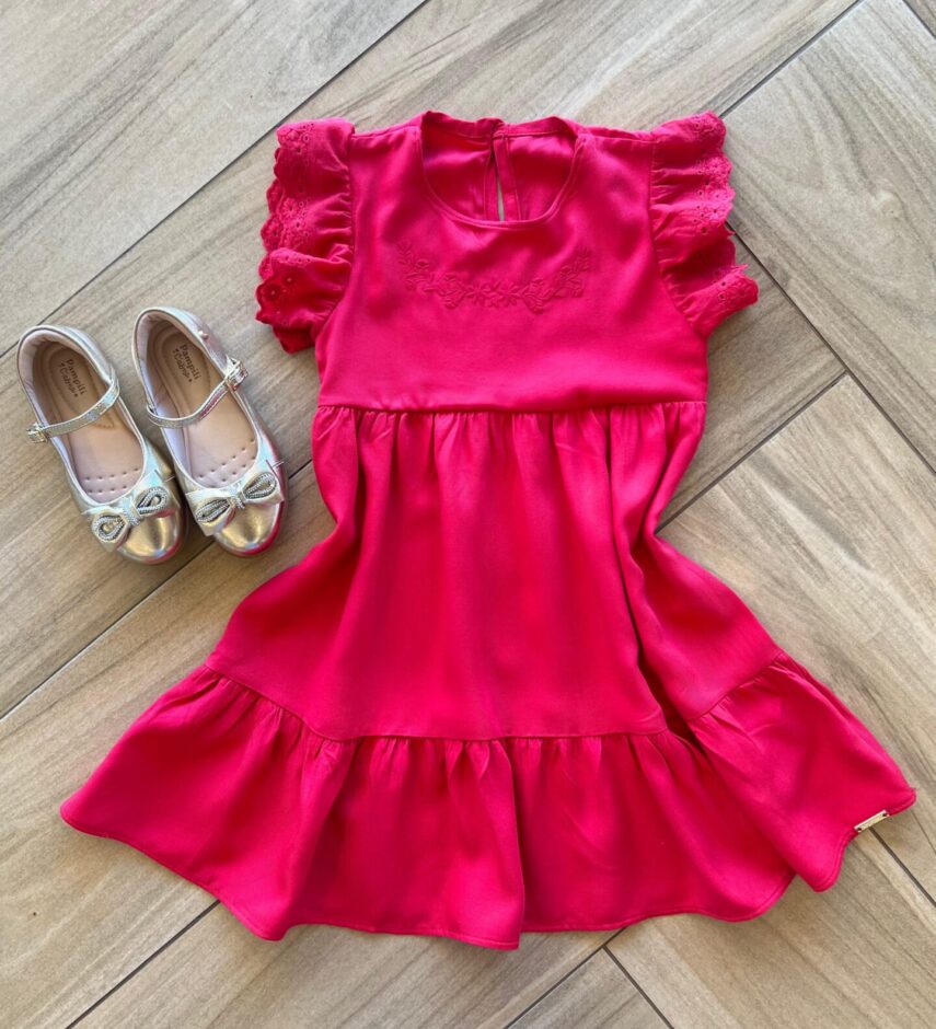 Vestido Infantil Feminino Manga Curta em Laise e Bordado Vermelho Fernanda Ramos Kids