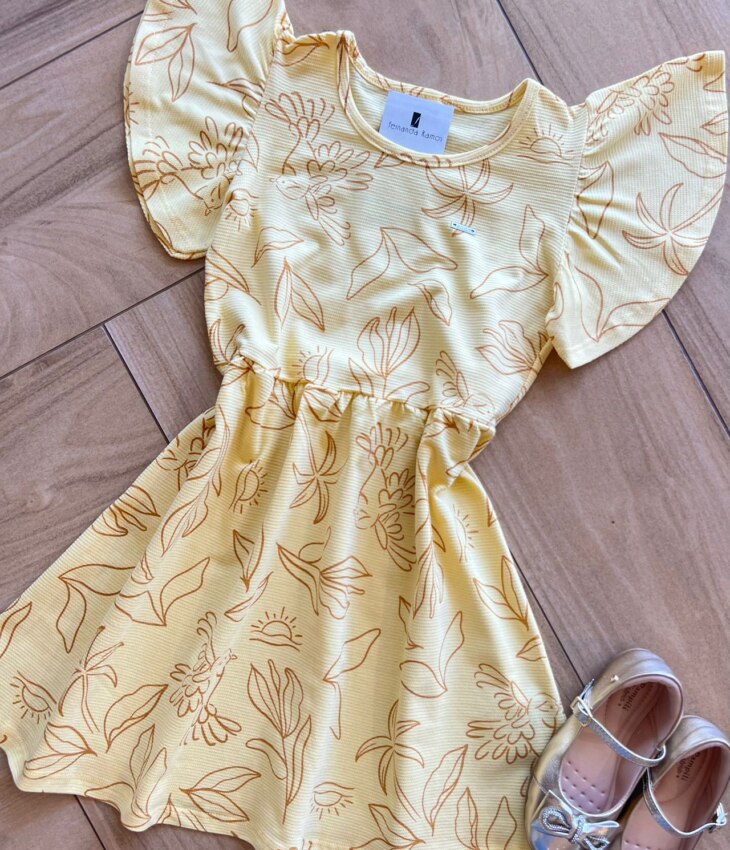 fernandaramoskids com br Vestido Infantil Feminino Manga Curta Estampado Amarelo1