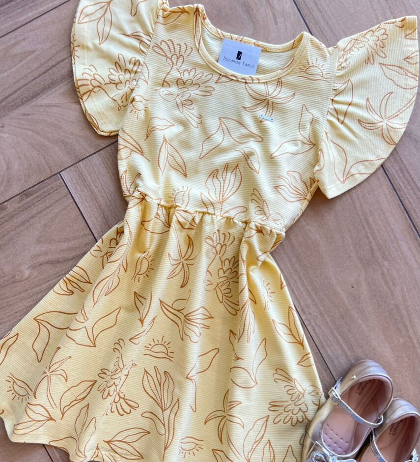 fernandaramoskids com br Vestido Infantil Feminino Manga Curta Estampado Amarelo1