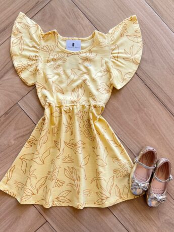 Vestido Infantil Feminino Manga Curta Estampado Amarelo Fernanda Ramos Kids