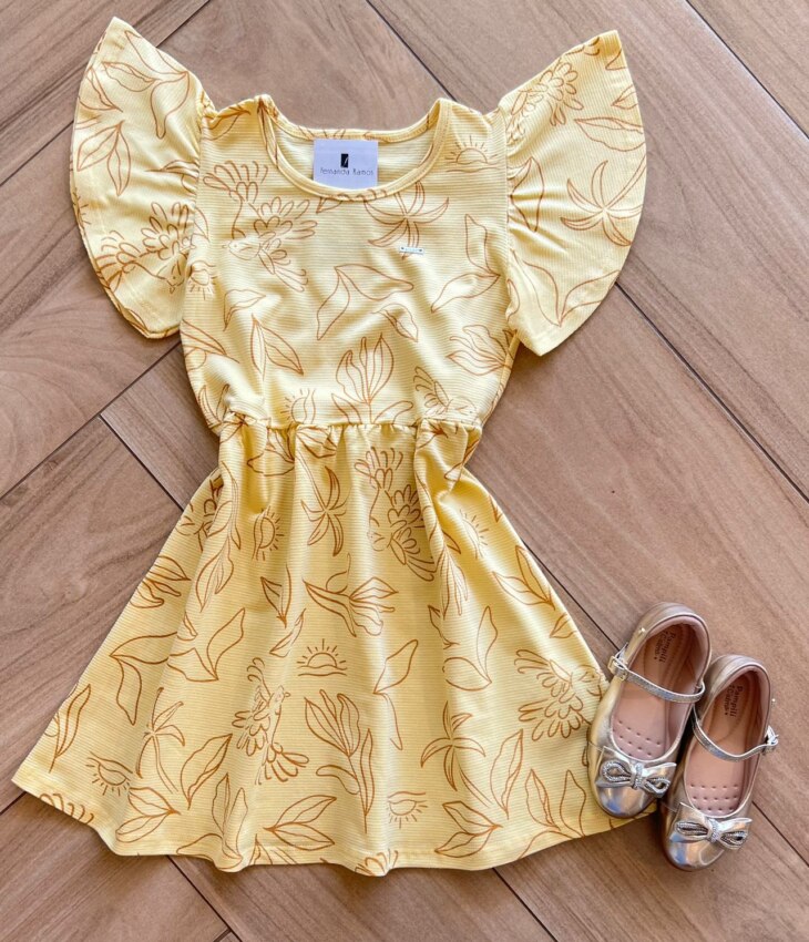 Vestido Infantil Feminino Manga Curta Estampado Amarelo Fernanda Ramos Kids