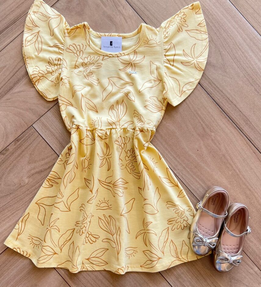 Vestido Infantil Feminino Manga Curta Estampado Amarelo Fernanda Ramos Kids