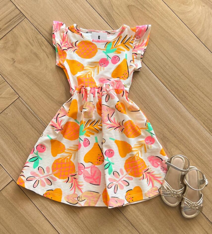 Vestido Infantil Feminino Manga Curta Frutas Fernanda Ramos Kids