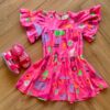 Vestido Infantil Feminino Manga Curta Meia Malha Estampado Rosa Fernanda Ramos Kids