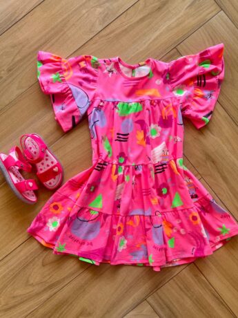 Vestido Infantil Feminino Manga Curta Meia Malha Estampado Rosa Fernanda Ramos Kids