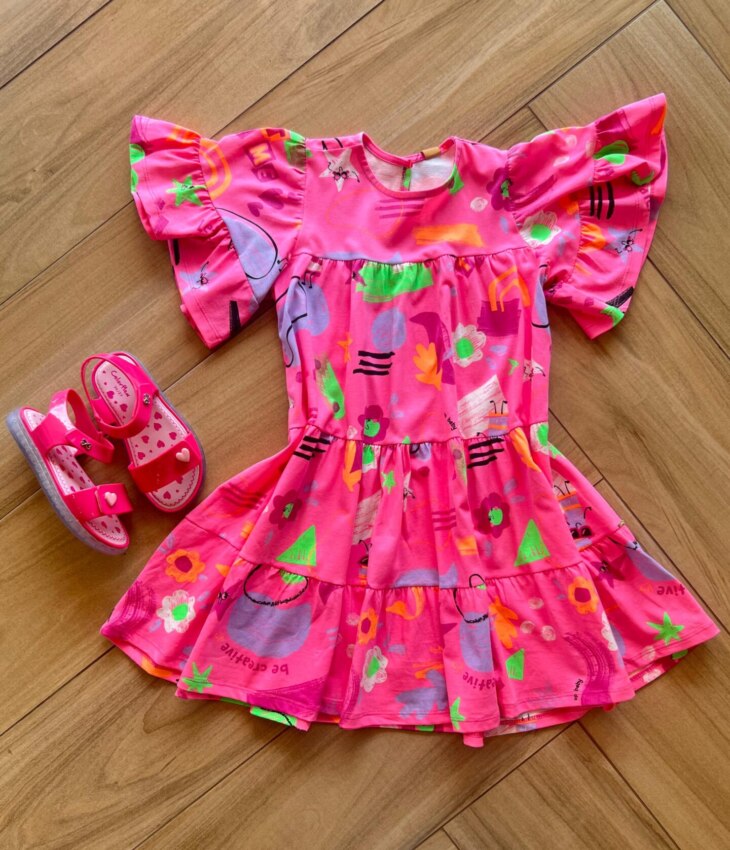 Vestido Infantil Feminino Manga Curta Meia Malha Estampado Rosa Fernanda Ramos Kids