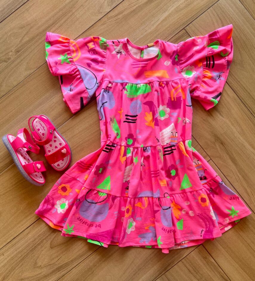 Vestido Infantil Feminino Manga Curta Meia Malha Estampado Rosa Fernanda Ramos Kids