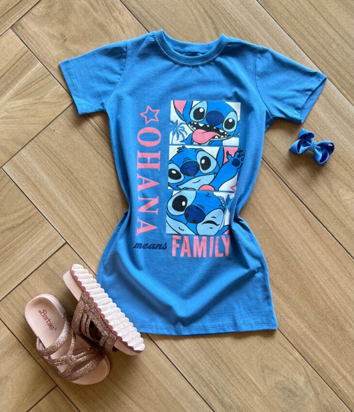 Vestido Infantil Feminino Manga Curta Ohana Azul Fernanda Ramos Kids