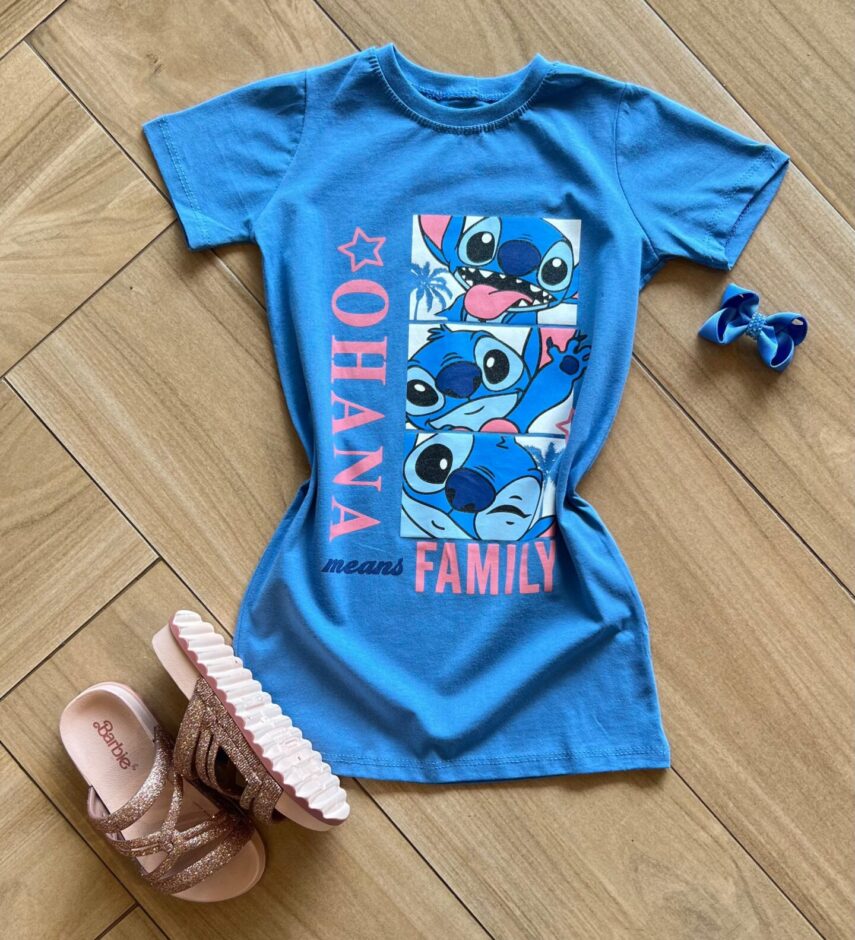 Vestido Infantil Feminino Manga Curta Ohana Azul Fernanda Ramos Kids