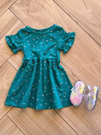 Vestido Infantil Feminino Manga Curta Rodado Estampado Verde Fernanda Ramos Kids