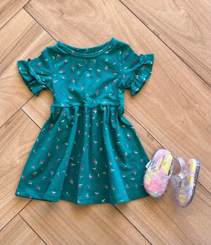 Vestido Infantil Feminino Manga Curta Rodado Estampado Verde Fernanda Ramos Kids