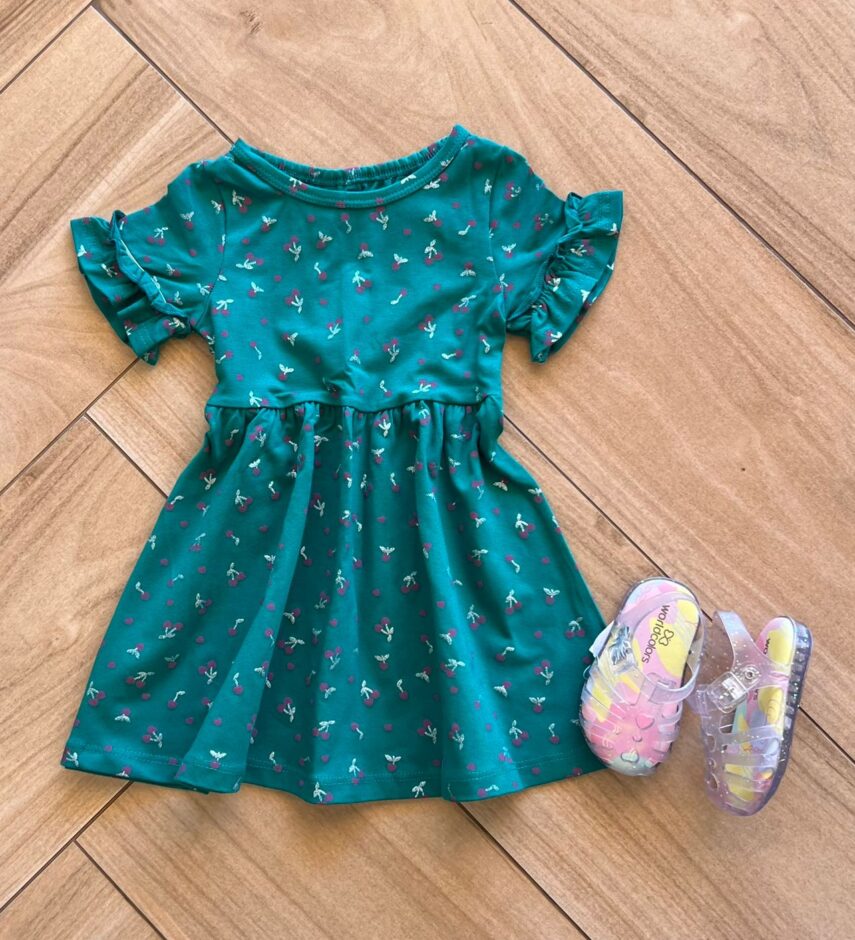 Vestido Infantil Feminino Manga Curta Rodado Estampado Verde Fernanda Ramos Kids