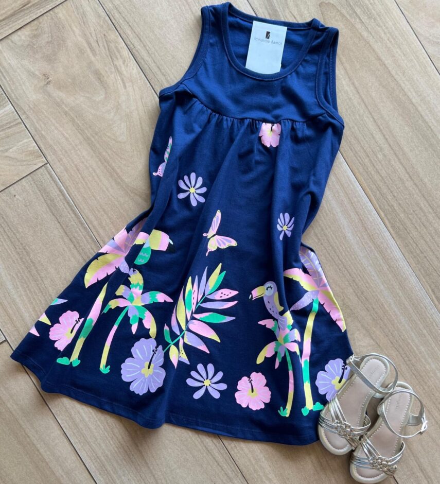 fernandaramoskids com br Vestido Infantil Feminino Manga Curta Tropical Azul 1