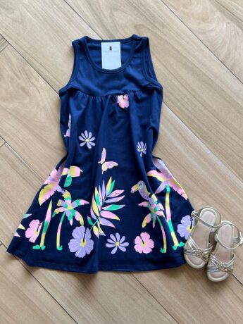 Vestido Infantil Feminino Manga Curta Tropical Azul Fernanda Ramos Kids