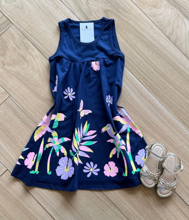 Vestido Infantil Feminino Manga Curta Tropical Azul Fernanda Ramos Kids