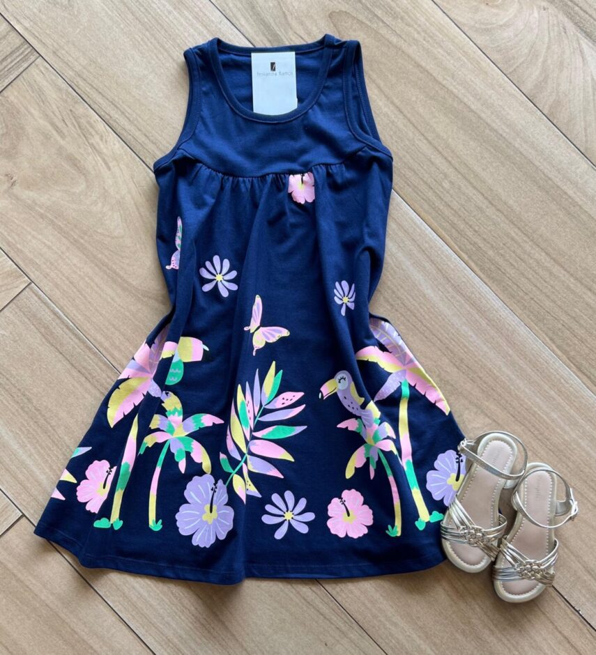 Vestido Infantil Feminino Manga Curta Tropical Azul Fernanda Ramos Kids