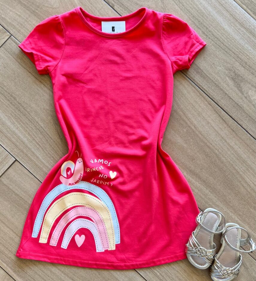 Vestido Infantil Feminino Manga Curta Vamos Brincar no Jardim Fernanda Ramos Kids