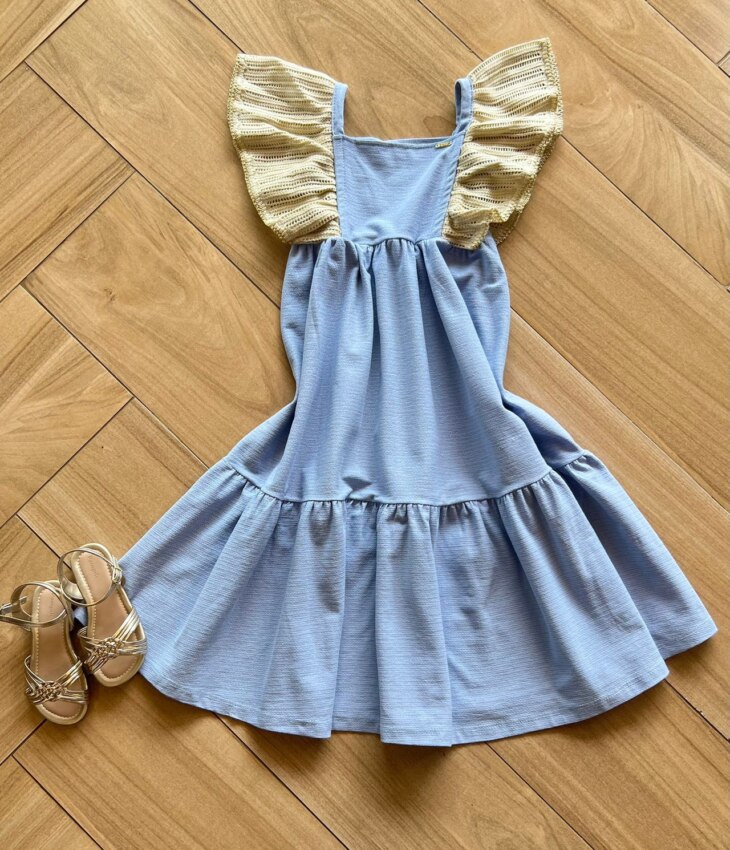 Vestido Infantil Feminino Manga Trabalhada Azul Fernanda Ramos Kids