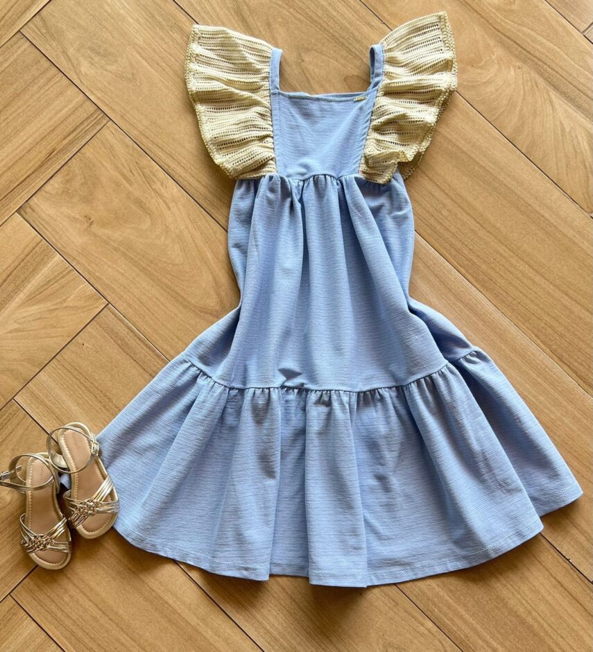 Vestido Infantil Feminino Manga Trabalhada Azul Fernanda Ramos Kids
