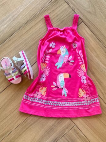 Vestido Infantil Feminino Meia Malha Alça em Guipir Estampado Pink Fernanda Ramos Kids