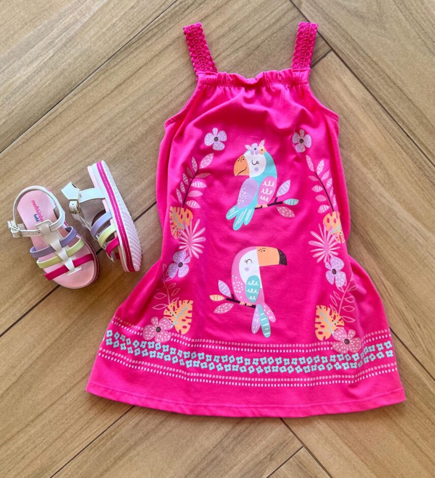 Vestido Infantil Feminino Meia Malha Alça em Guipir Estampado Pink Fernanda Ramos Kids