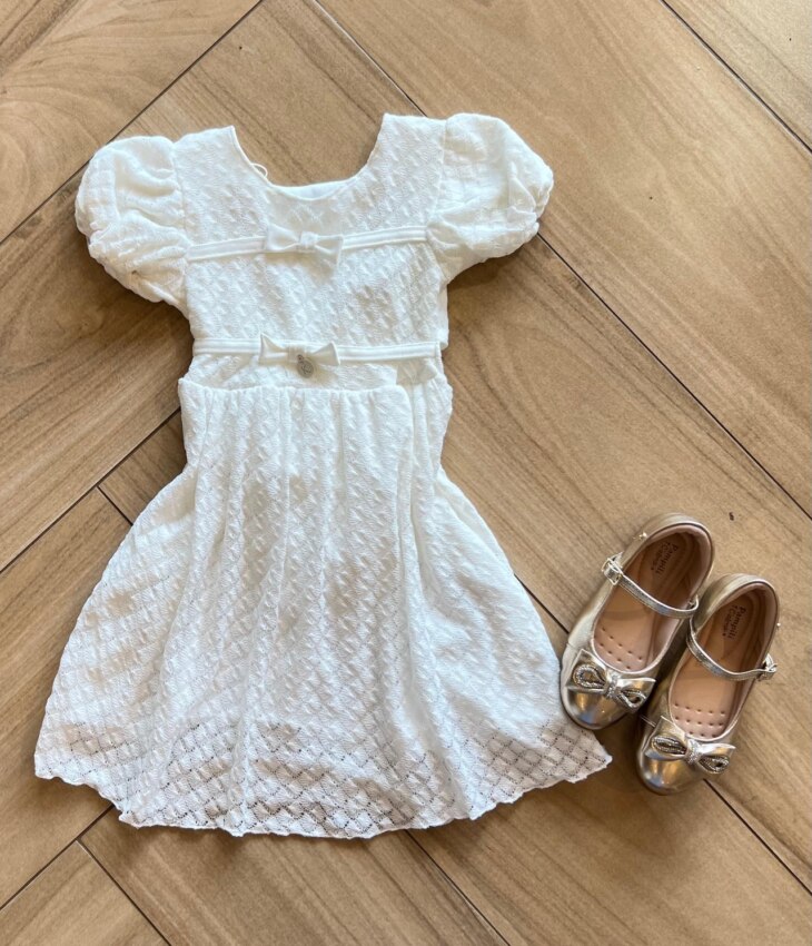 Vestido Infantil Feminino Off White Dois Laço Fernanda Ramos Kids