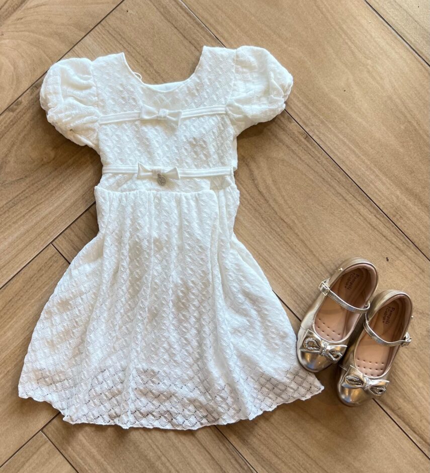 Vestido Infantil Feminino Off White Dois Laço Fernanda Ramos Kids