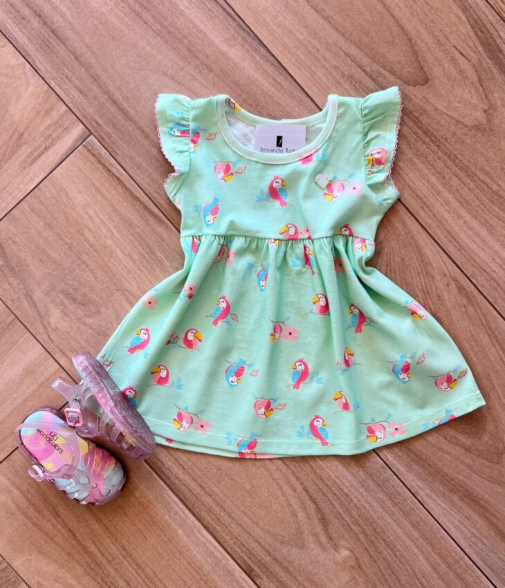 Vestido Infantil Feminino Rodado Estampa Passarinhos Verde Fernanda Ramos Kids
