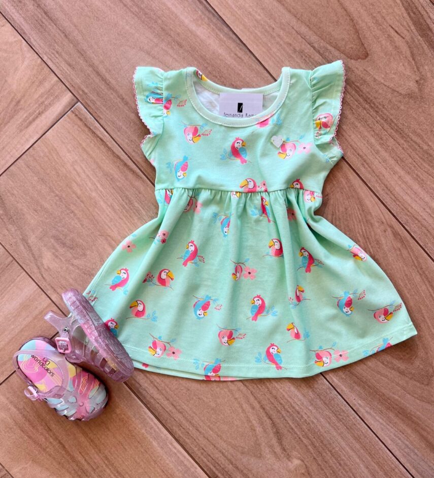 Vestido Infantil Feminino Rodado Estampa Passarinhos Verde Fernanda Ramos Kids