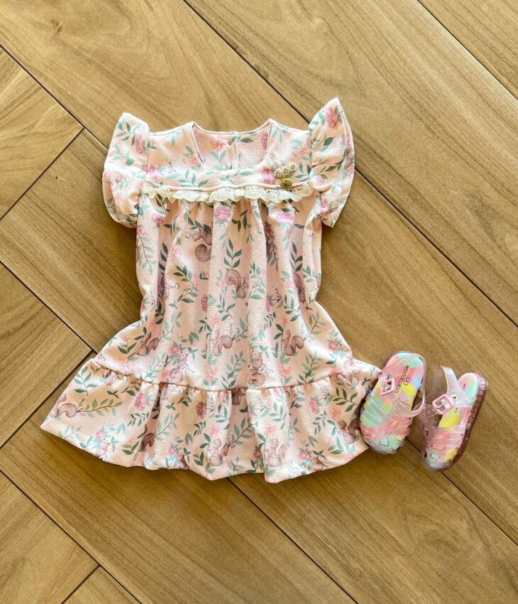 Vestido Infantil Feminino Rosa Estampa Esquilinho Fernanda Ramos Kids