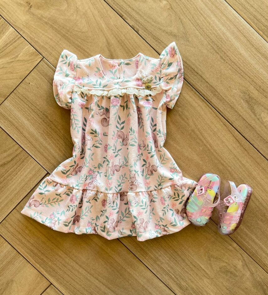 Vestido Infantil Feminino Rosa Estampa Esquilinho Fernanda Ramos Kids