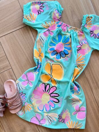 fernandaramoskids com br Vestido Infantil Feminino Verde Estampa Flor 1