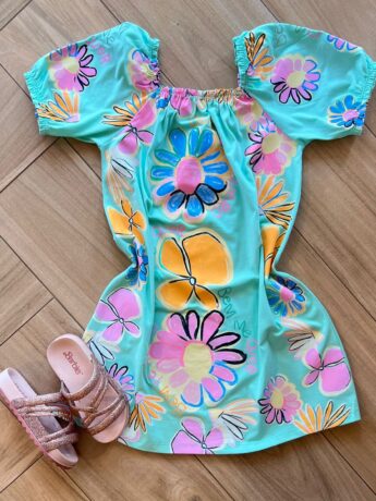 Vestido Infantil Feminino Verde Estampa Flor Fernanda Ramos Kids