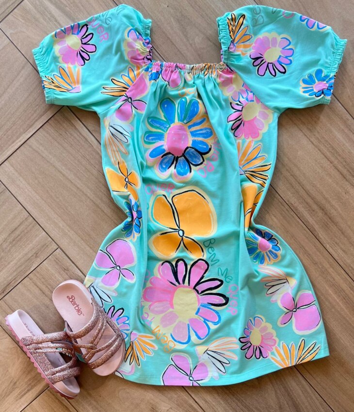 Vestido Infantil Feminino Verde Estampa Flor Fernanda Ramos Kids