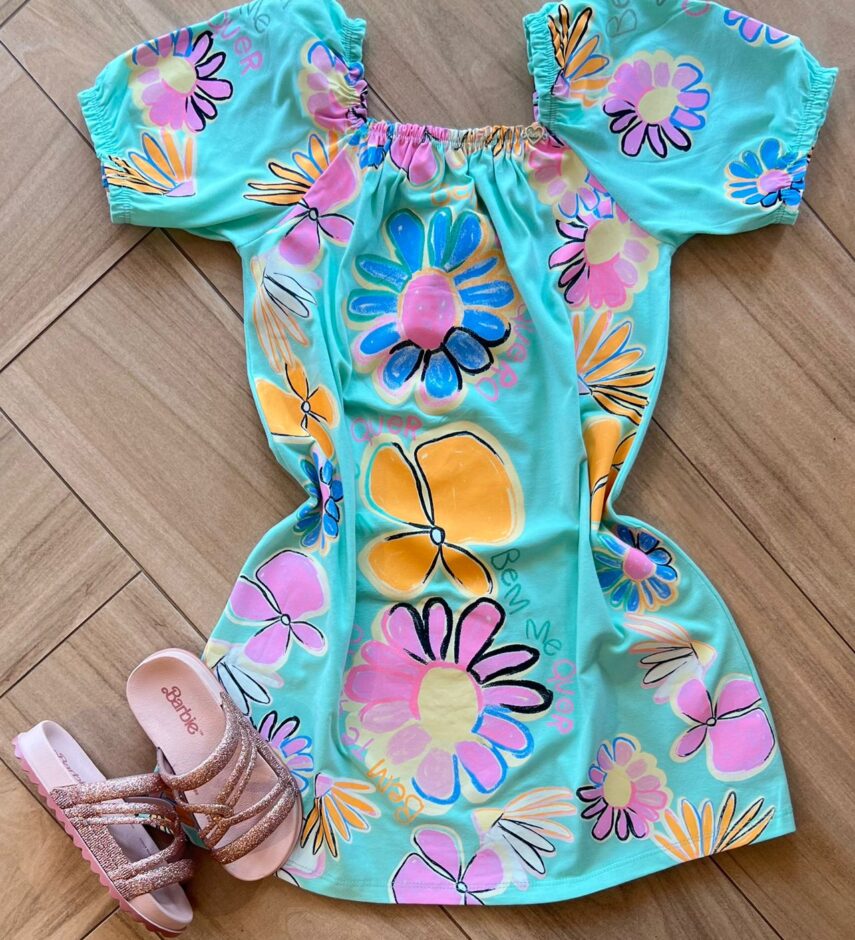 Vestido Infantil Feminino Verde Estampa Flor Fernanda Ramos Kids