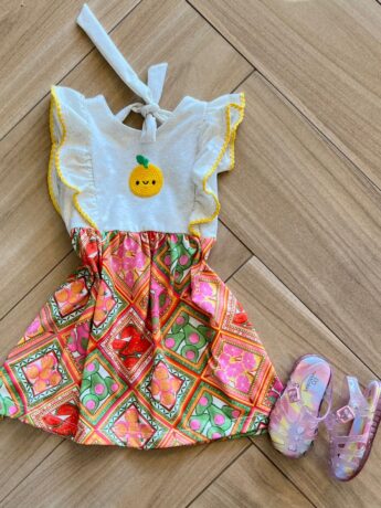 Vestido Regata Infantil Feminino Curto Estampa Frutas Fernanda ramos kids