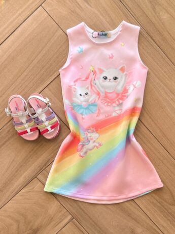 Vestido Regata Infantil Feminino Curto Gatinha Arco Iris Fernanda ramos kids