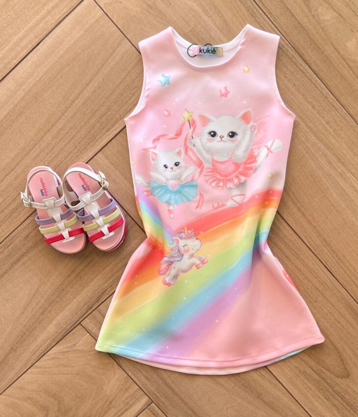 Vestido Regata Infantil Feminino Curto Gatinha Arco Iris Fernanda ramos kids