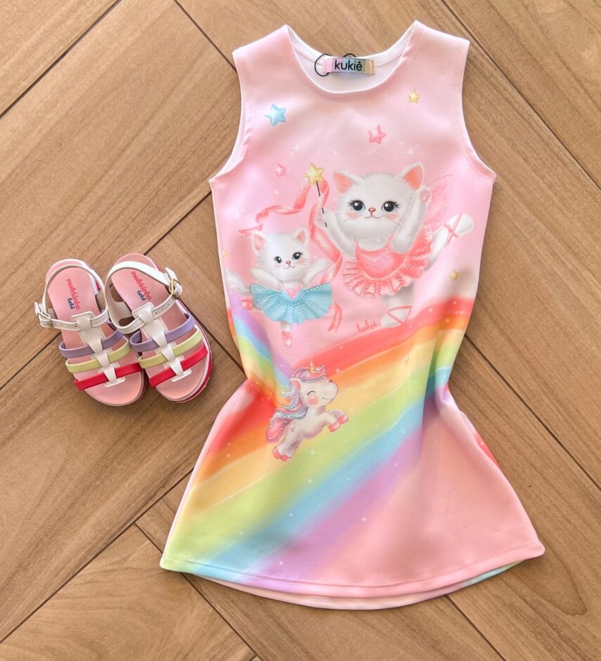 Vestido Regata Infantil Feminino Curto Gatinha Arco Iris Fernanda ramos kids