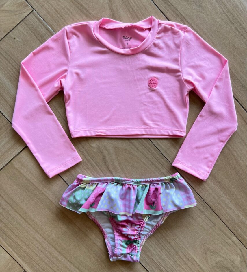 Biquíni Infantil Feminino Cropped Rosa e Calcinha Estampada Fernanda Ramos Kids
