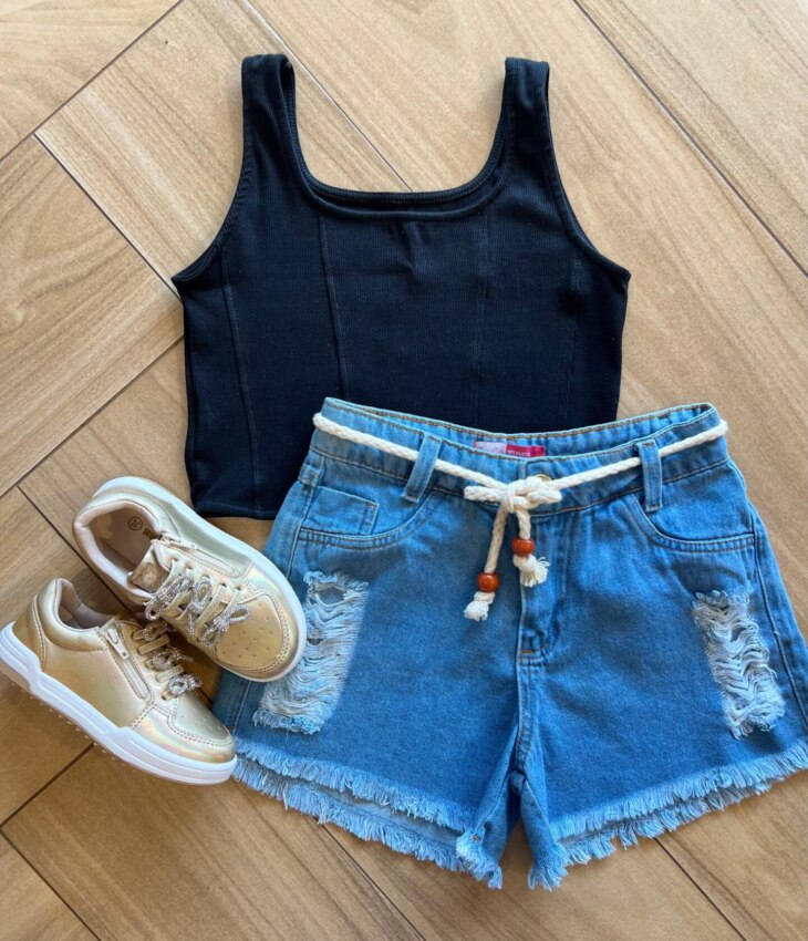 Blusa Cropped Alca Infantil Feminino Preto Canelado Fernanda Ramos Kids