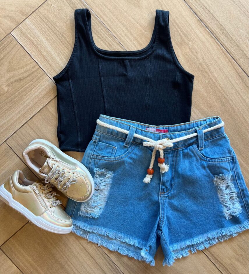 Blusa Cropped Alca Infantil Feminino Preto Canelado Fernanda Ramos Kids